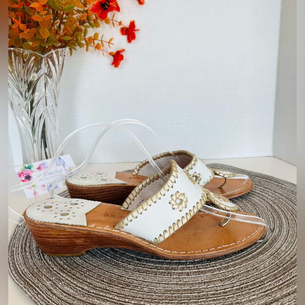 JACK ROGERS USA Sandals “Hamptons”Platinum (Retired) Mid-Wedge White w Gold Trim - Picture 5 of 14